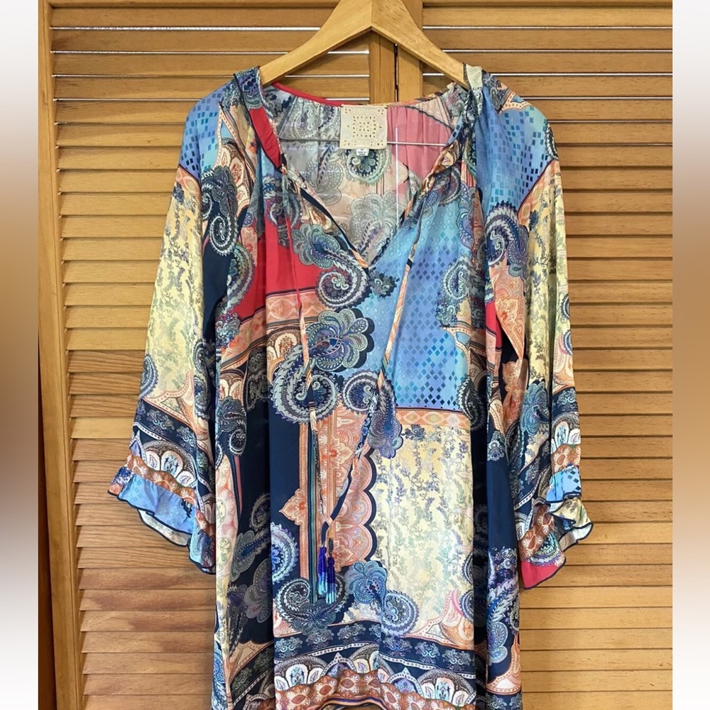 JADE by JOHNNY WAS SZ M DARIA TUNIC BEADED TASSELS BEAUTIFUL PRINT Boho
